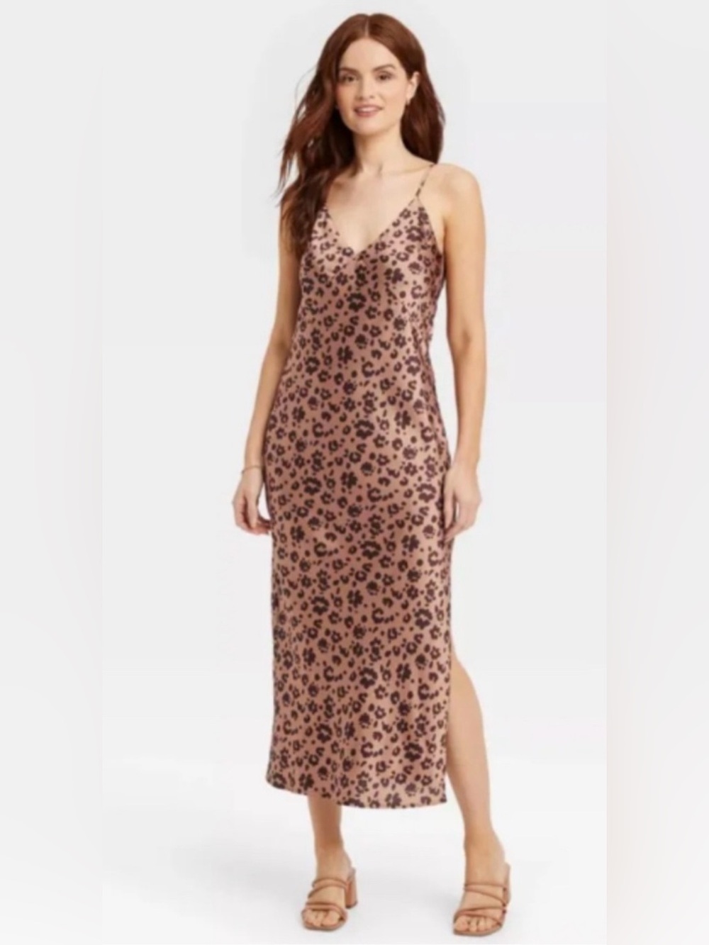 A New Day Leopard Print Slip Dress XL Tan/Black Silky Midi w/ Asymmetrical Slit - Picture 1 of 10